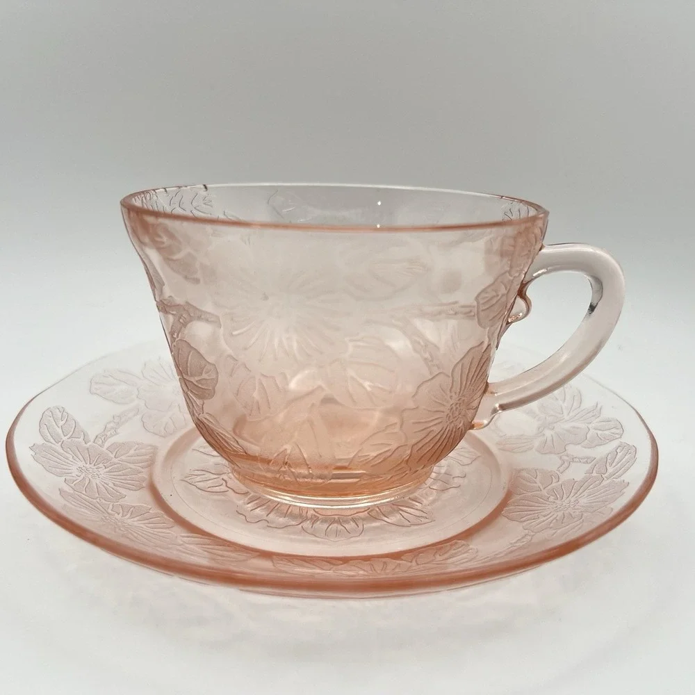 MacBeth Evans Pink Teacup Saucer Depression Glass Dogwood Apple Blossom Vintage